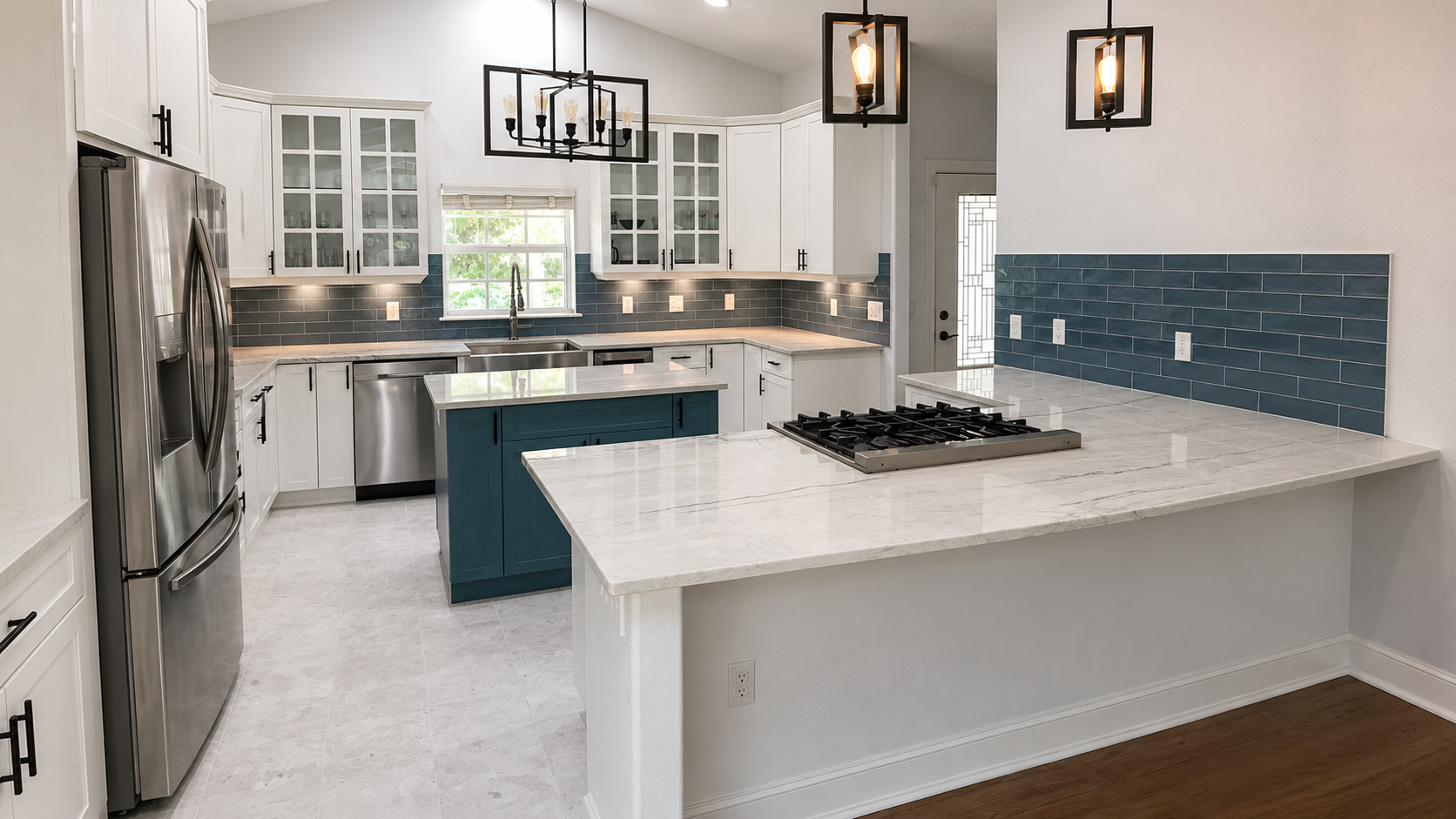 Finished kitchen remodel with blue accents